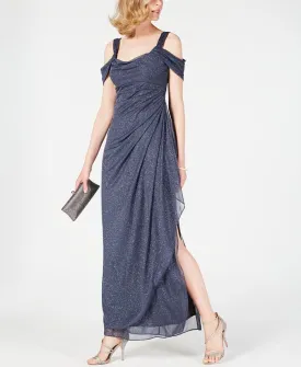 Alex Evenings Metallic Draped Off Shoulder Dress, Gray