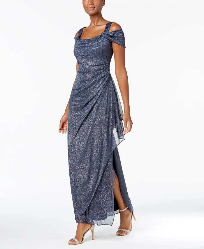 Alex Evenings Metallic Draped Off Shoulder Dress, Gray