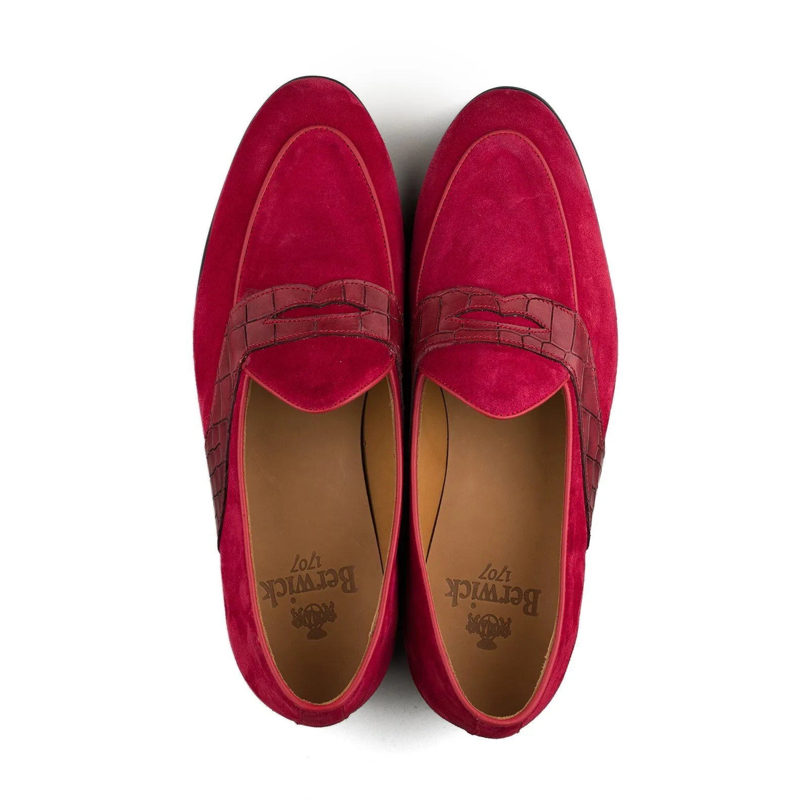 Belgian Penny Loafer - Red Suede w/ Faux Croc Strap