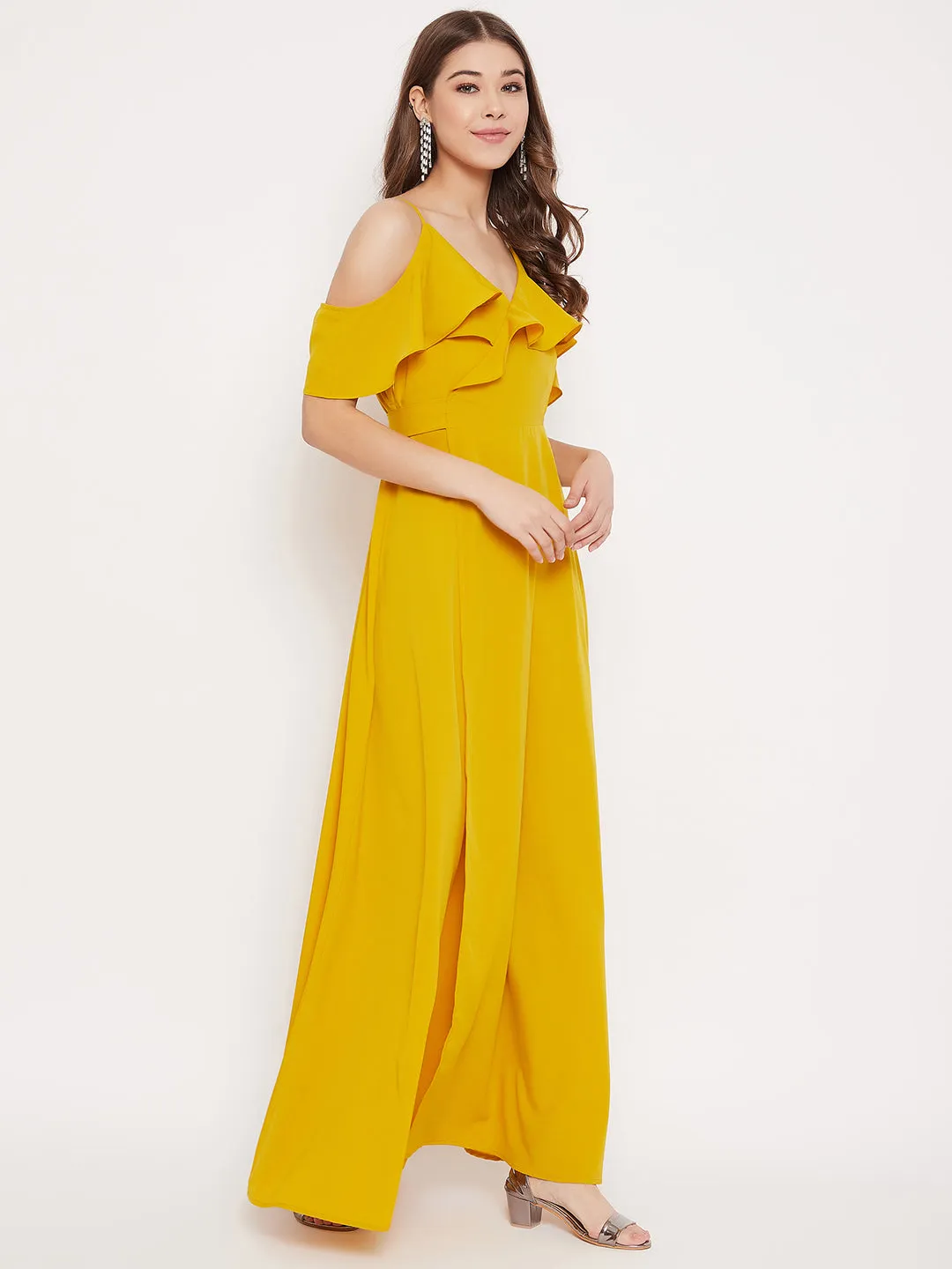 Berrylush Women Solid Yellow Cold Shoulder Ruffled Maxi Dress