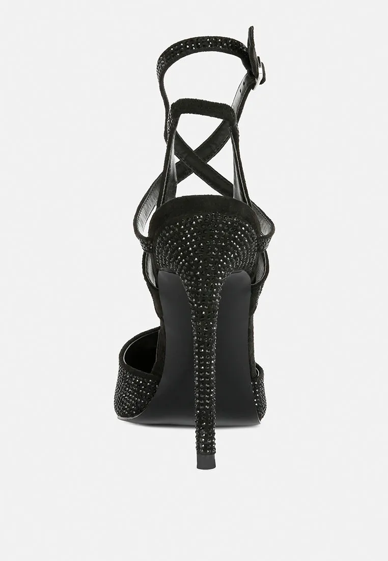 CHARMER Rhinestone Embellished Stiletto Sandals in Black