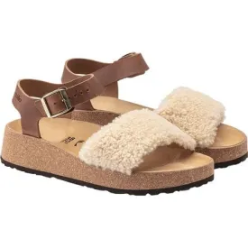 Glenda Teddy Skinny Sandals - Women's Birkenstock, Cognac/Eggshell Shearling