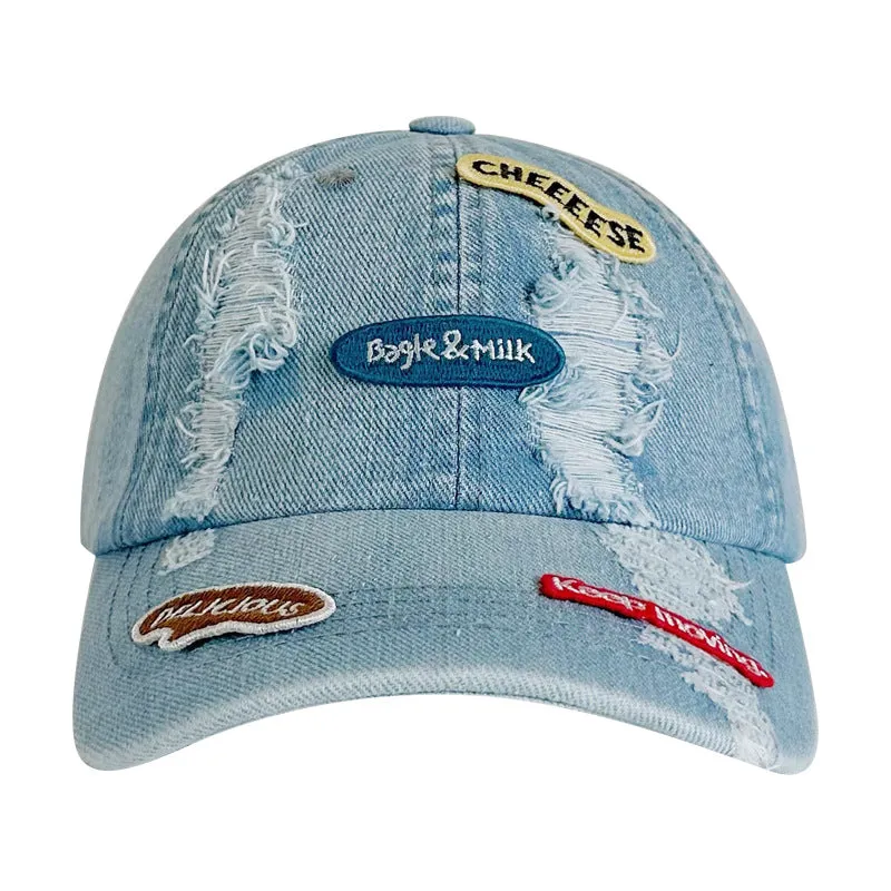 Letter patch denim baseball cap for women, fashionable washed soft top outdoor cute all-match ripped duck bill hat