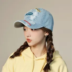 Letter patch denim baseball cap for women, fashionable washed soft top outdoor cute all-match ripped duck bill hat