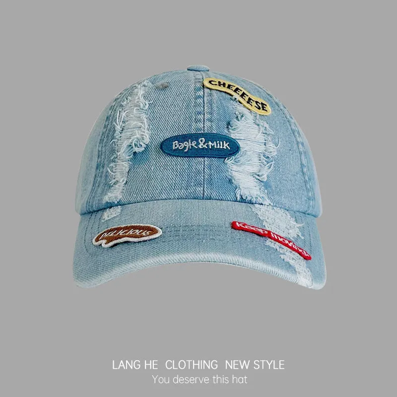 Letter patch denim baseball cap for women, fashionable washed soft top outdoor cute all-match ripped duck bill hat