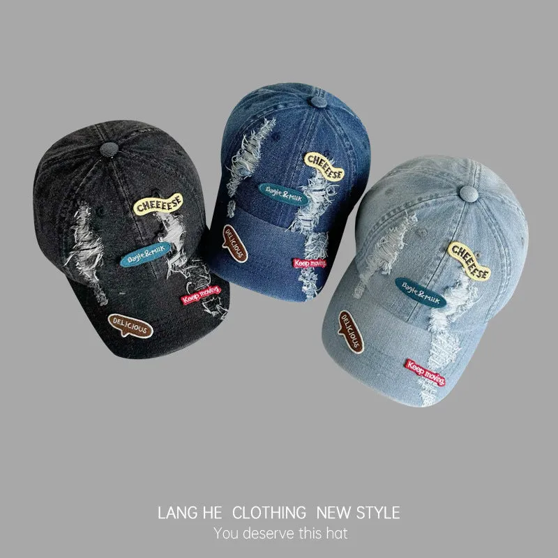 Letter patch denim baseball cap for women, fashionable washed soft top outdoor cute all-match ripped duck bill hat