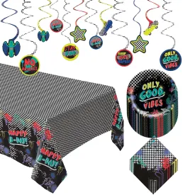 Skater Party Black and White Checkered Graffiti Paper Dessert Plates, Napkins, Table Cover, and Hanging Cutouts (Serves 16)