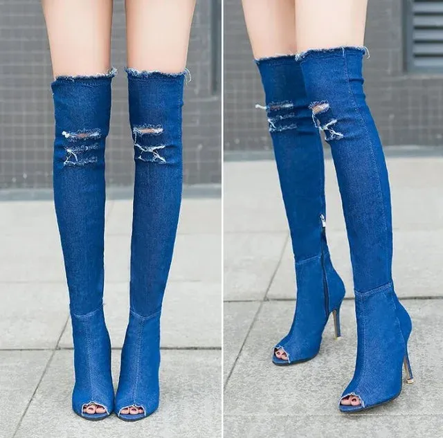 Trendy Thigh High Denim Ripped Boots