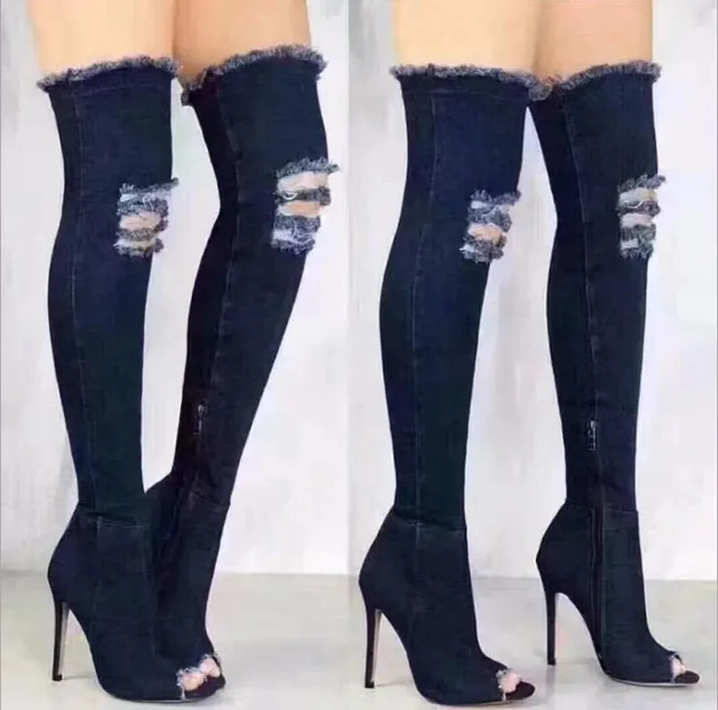 Trendy Thigh High Denim Ripped Boots